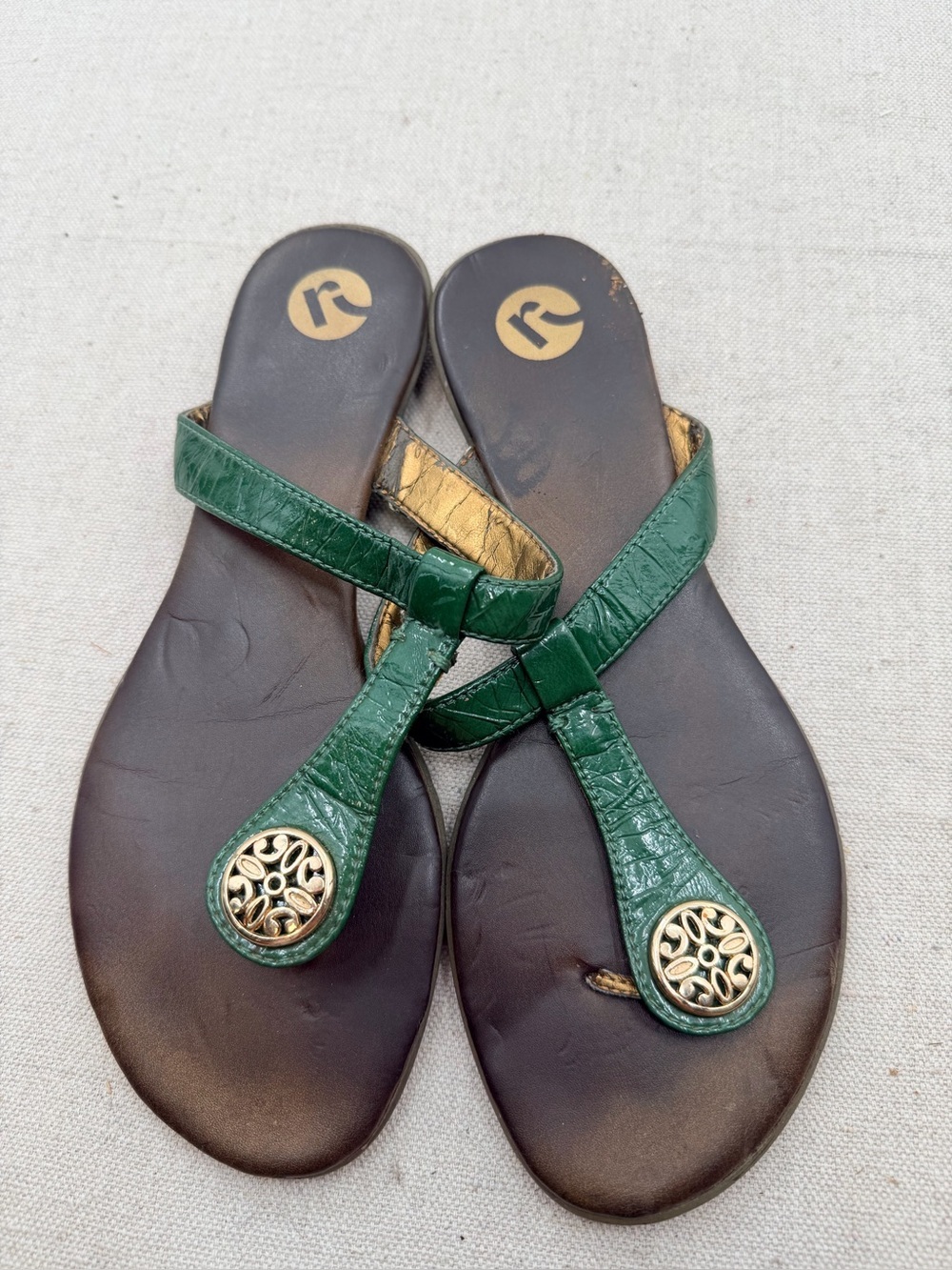 Report Women’s Green Leather T-strap Sandals with Gold Accent